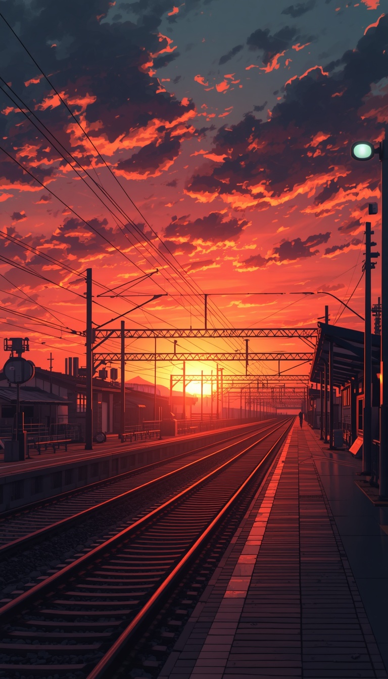lucid-origin_vertical_phone_wallpaper_anime_train_station_during_sunset_warm_orange_sky_peace-0