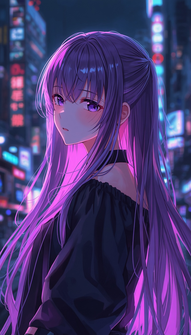 lucid-origin_vertical_phone_wallpaper_beautiful_anime_girl_with_glowing_purple_hair_neon_city-0