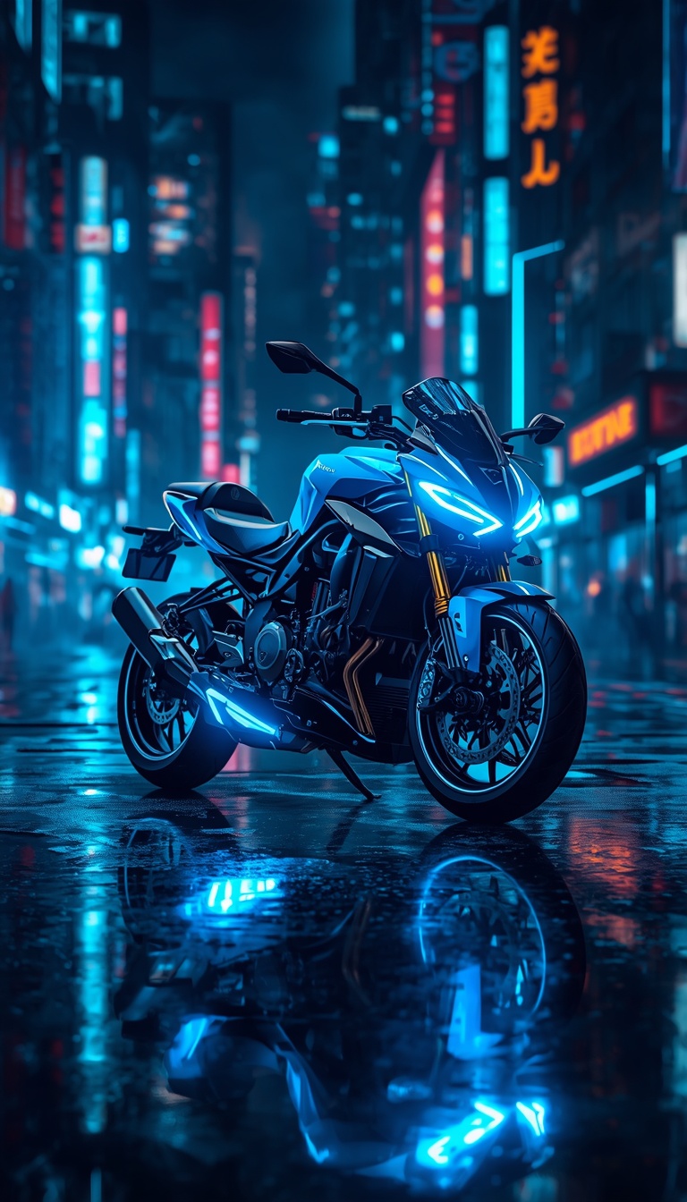 lucid-origin_vertical_phone_wallpaper_blue_neon_motorcycle_in_futuristic_city_glowing_reflect-0