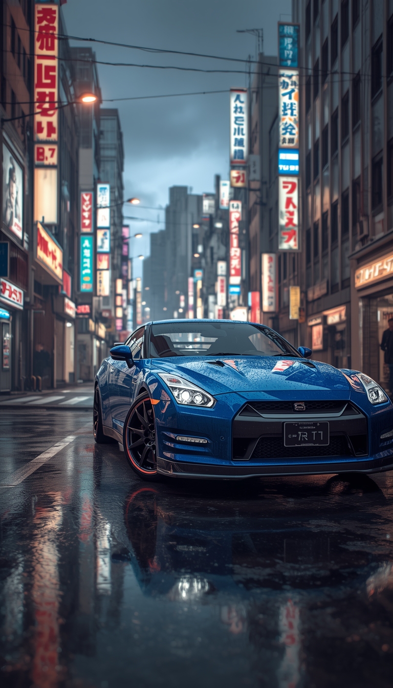 lucid-origin_vertical_phone_wallpaper_blue_nissan_gtr_in_rainy_tokyo_street_glowing_neon_sign-0