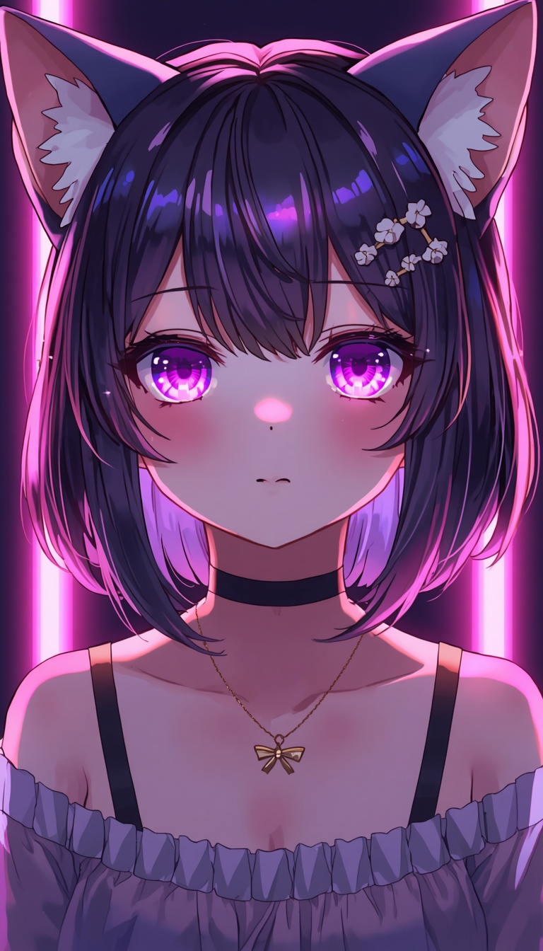 lucid-origin_vertical_phone_wallpaper_cute_anime_cat_girl_glowing_purple_eyes_soft_neon_backg-0