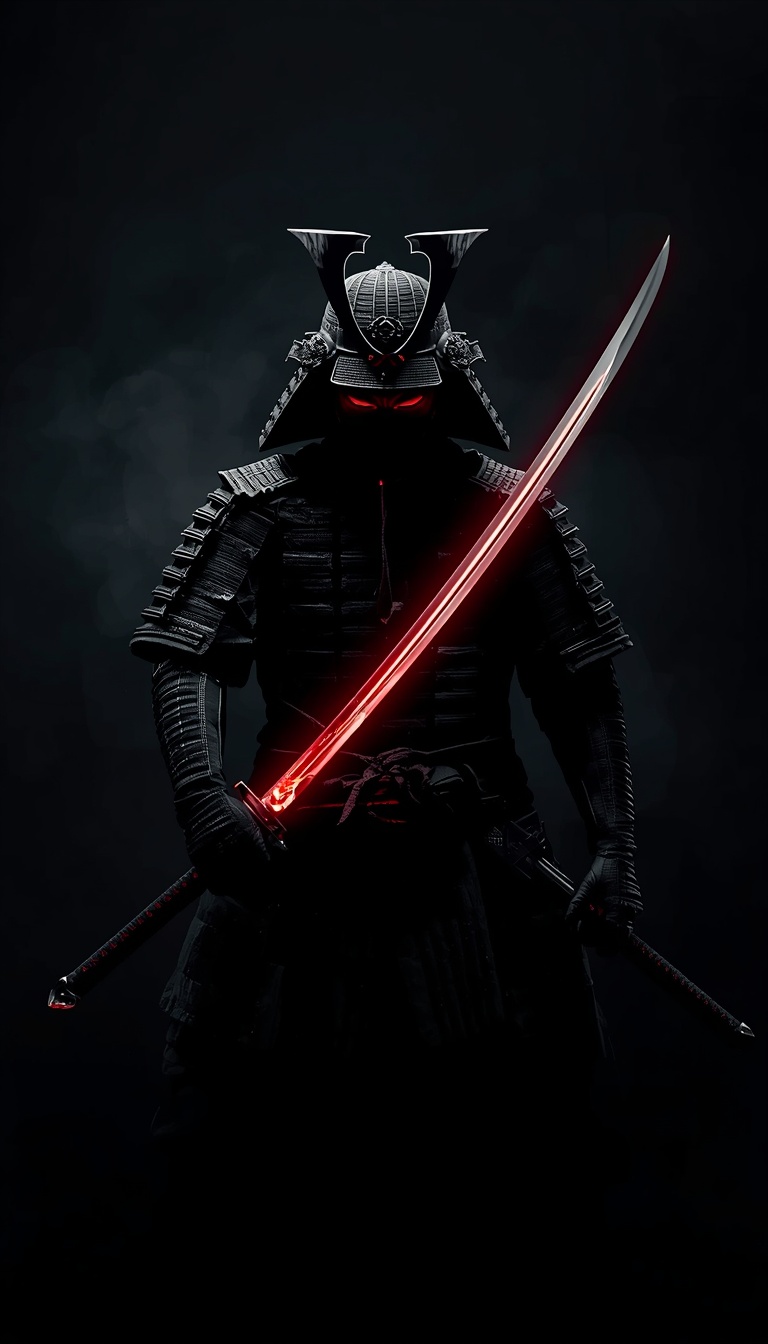lucid-origin_vertical_phone_wallpaper_dark_futuristic_samurai_silhouette_with_glowing_katana_-0