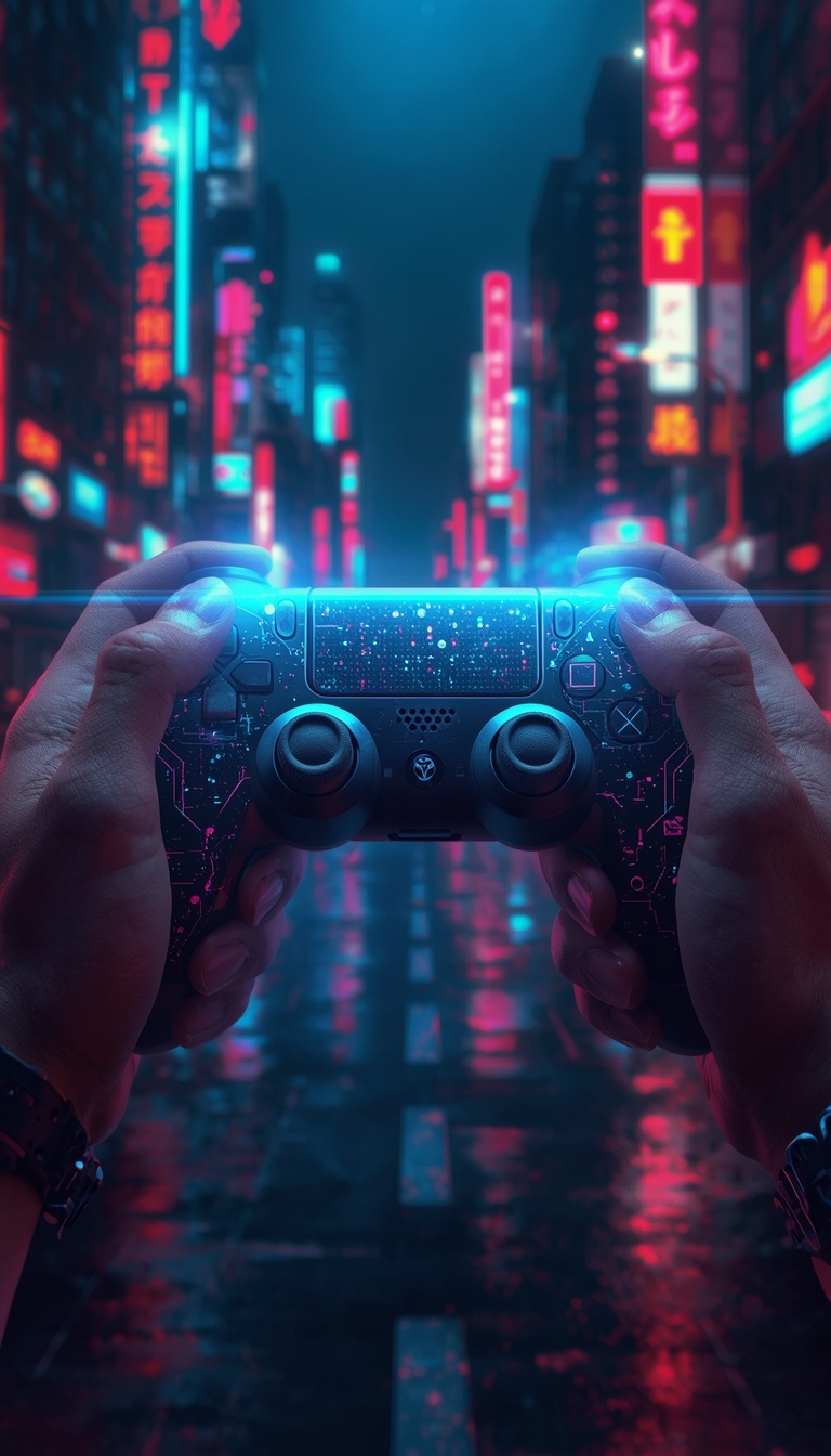 lucid-origin_vertical_phone_wallpaper_futuristic_cyberpunk_gaming_controller_with_hologram_ef-0