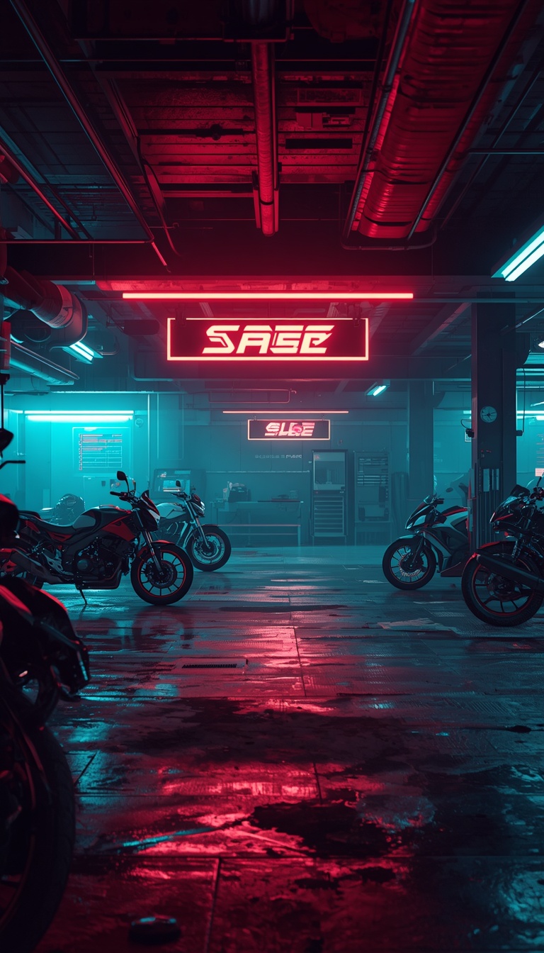 lucid-origin_vertical_phone_wallpaper_futuristic_cyberpunk_garage_with_motorcycles_and_neon_l-0
