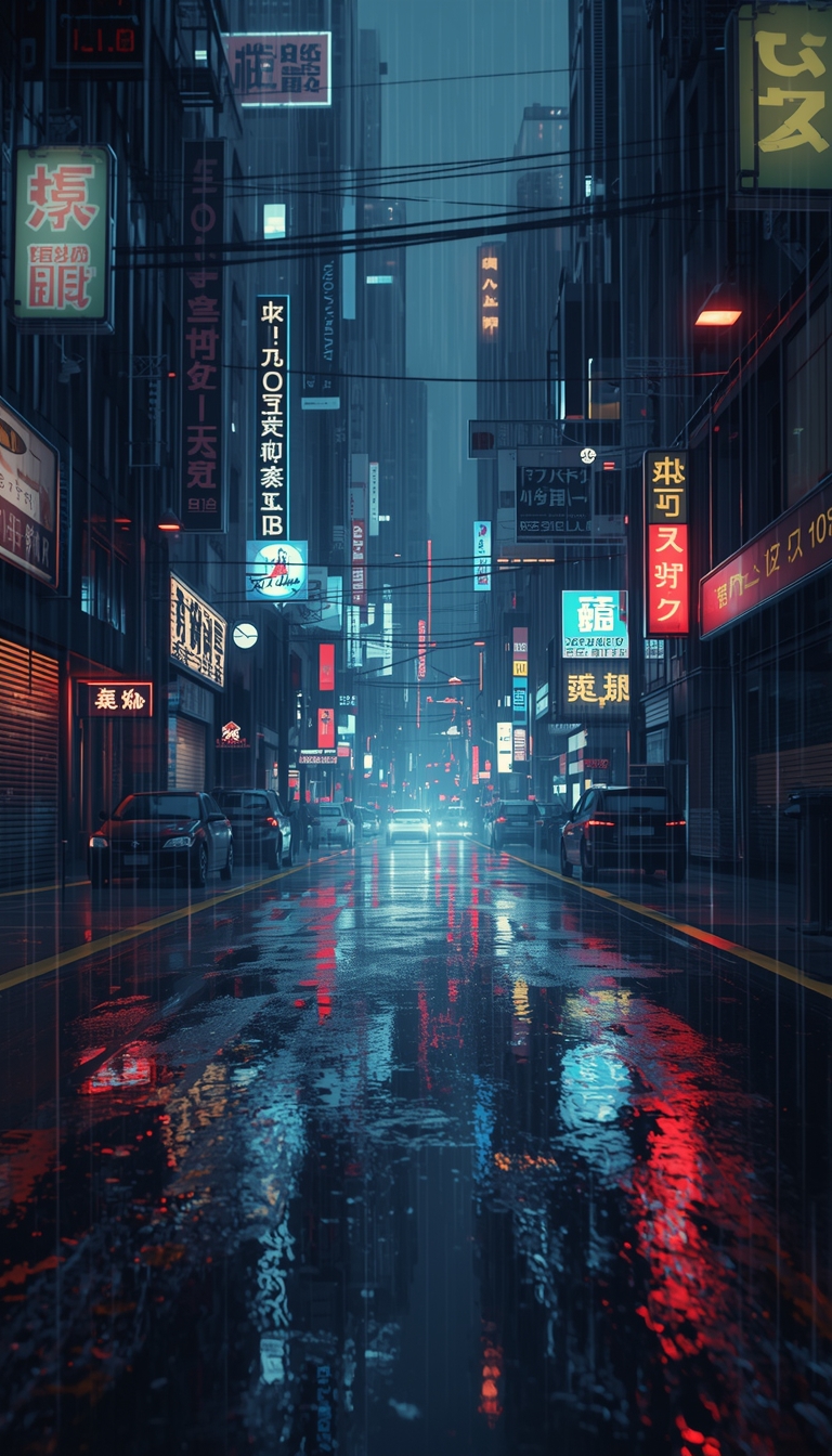 lucid-origin_vertical_phone_wallpaper_futuristic_cyberpunk_rain_scene_glowing_neon_signs_dark-0