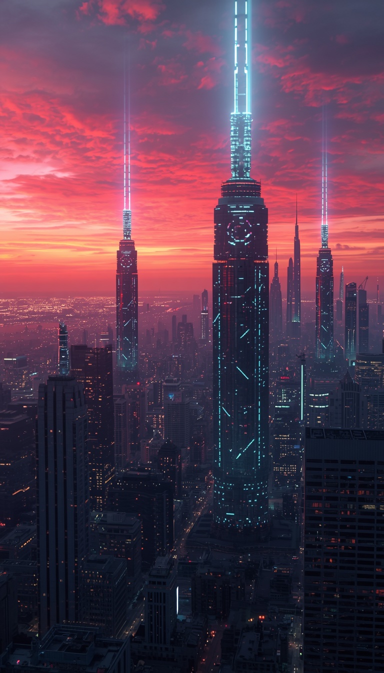 lucid-origin_vertical_phone_wallpaper_futuristic_cyberpunk_skyline_during_sunset_giant_hologr-0