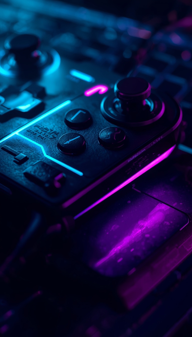 lucid-origin_vertical_phone_wallpaper_futuristic_gaming_controller_with_glowing_neon_blue_and-0