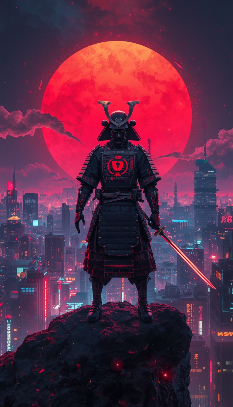 lucid-origin_vertical_phone_wallpaper_futuristic_samurai_standing_above_cyberpunk_megacity_gl-0
