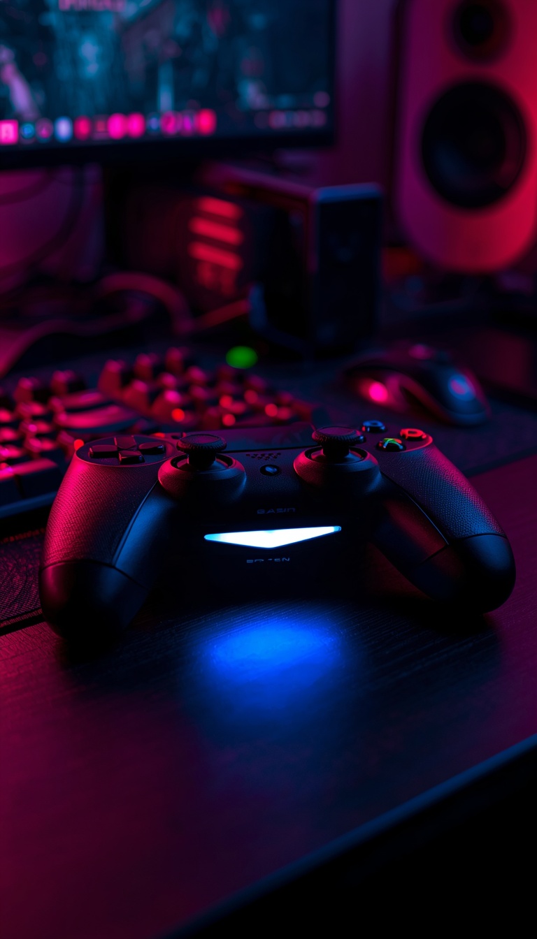 lucid-origin_vertical_phone_wallpaper_rgb_gaming_controller_on_dark_desk_glowing_reflections_-0